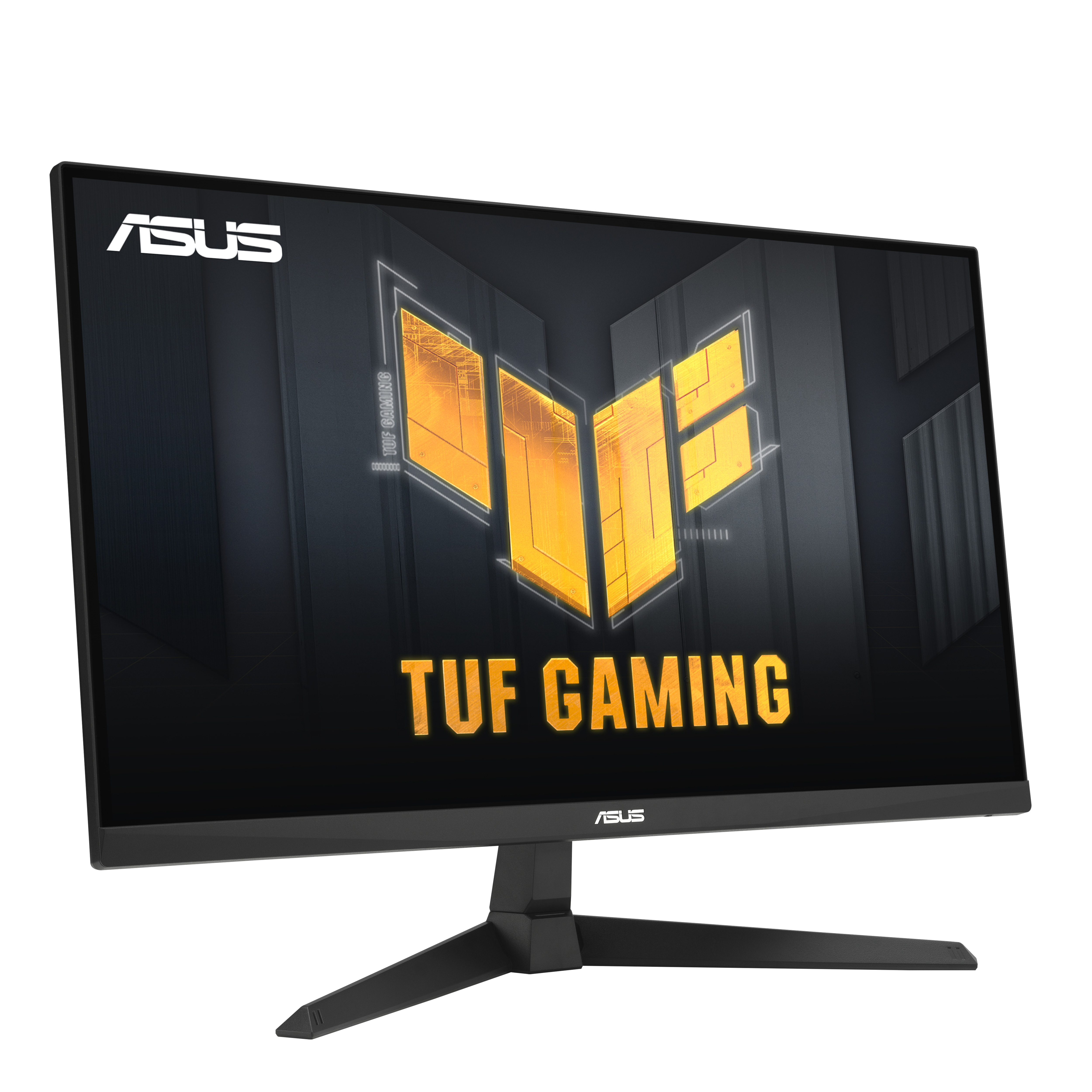 Monitor ASUS TUF Gaming. Ekran wyświetla logo TUF. Monitor jest czarny, z czarną podstawą.