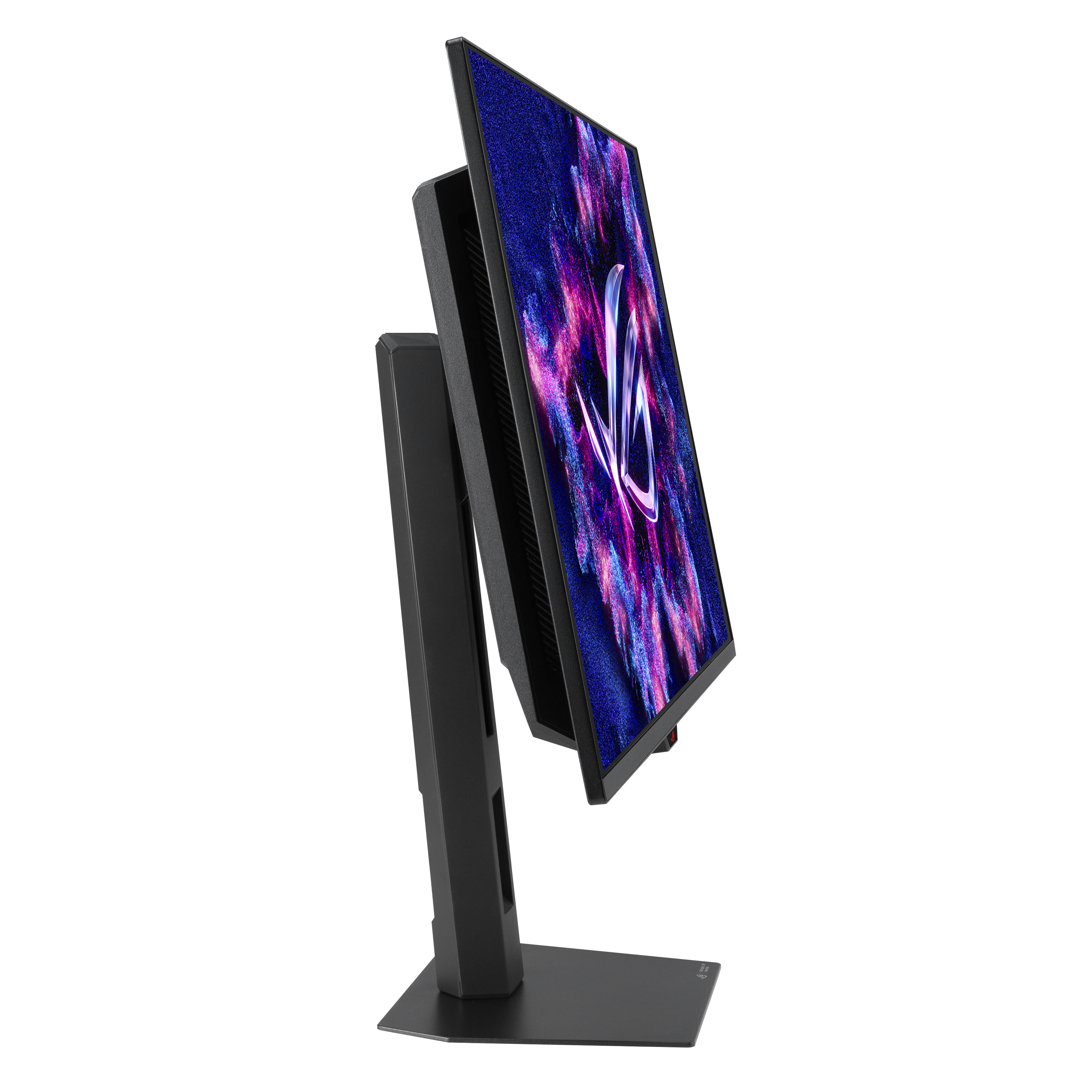 Czarny monitor komputera jest przechylony. Wyświetla kolorową grafikę i stoi na czarnej podstawie z czarnym stojakiem.