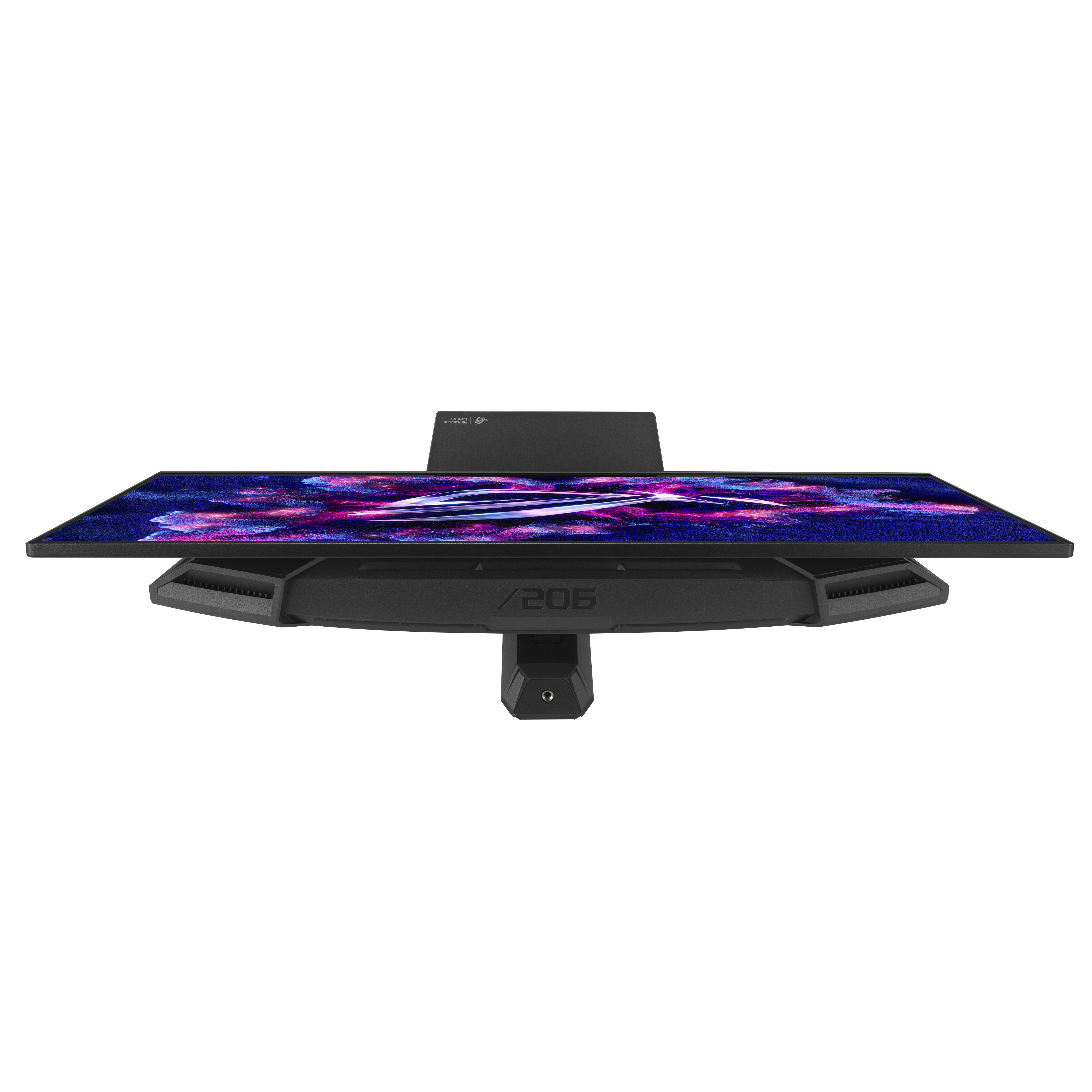 Czarny monitor komputera jest skierowany w górę. Ekran wyświetla fioletowe i niebieskie kolory. Stojak jest czarny.