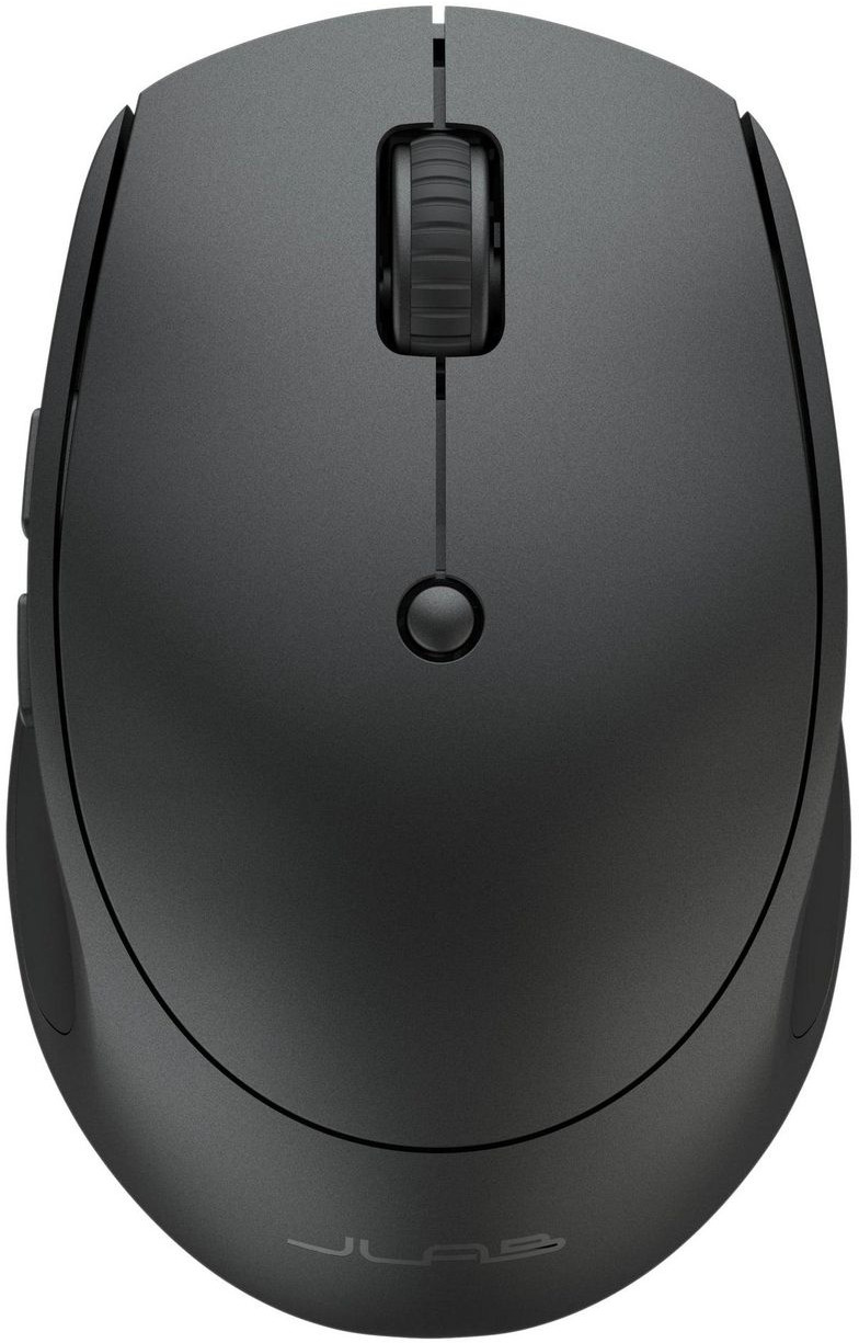 Widok z góry na czarną mysz komputerową. Ma kółko przewijania, przyciski i logo. Mysz znajduje się na białym tle.