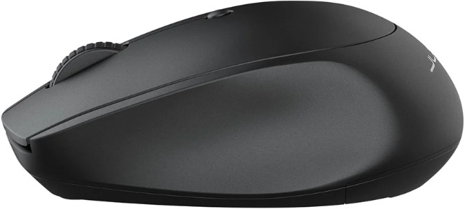 Czarna mysz komputerowa z kółkiem przewijania i logo z boku na białym tle.