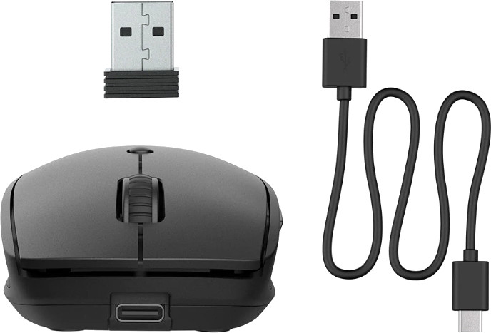 Czarna mysz komputerowa, odbiornik USB i kabel ładujący USB-C na białym tle.