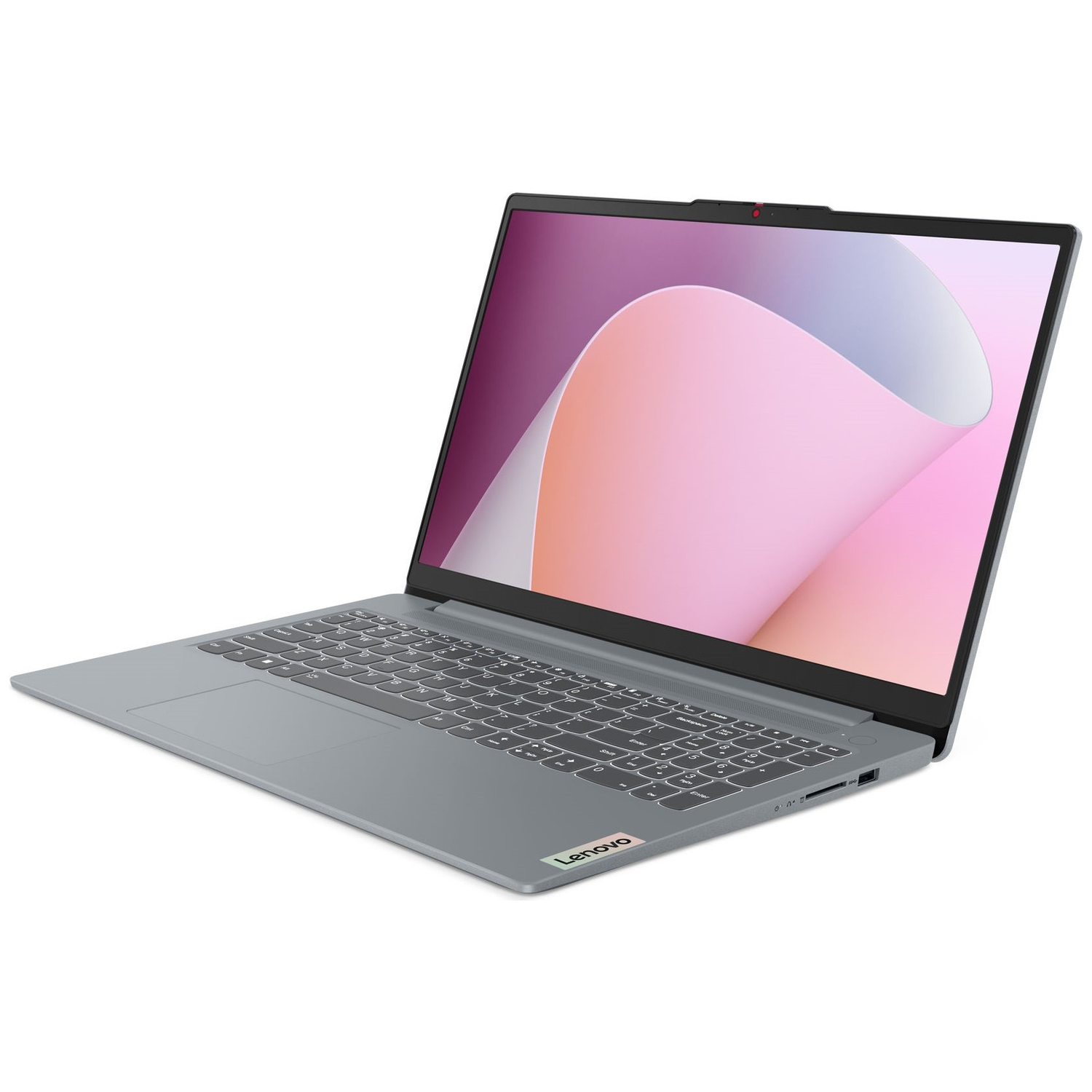 A gray Lenovo laptop is open, showing a pink and purple screen. The keyboard is visible, and the laptop is on a white surface.