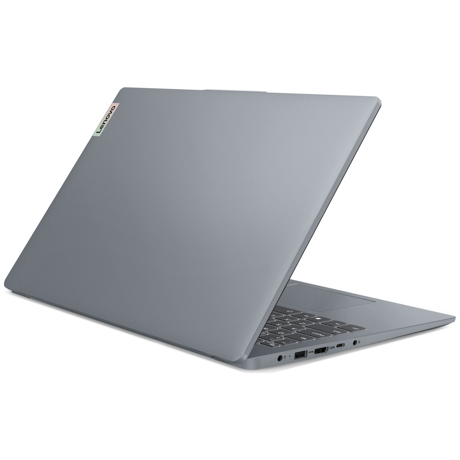 A gray Lenovo laptop is open, angled to show the keyboard and ports. The Lenovo logo is visible on the lid. White background.