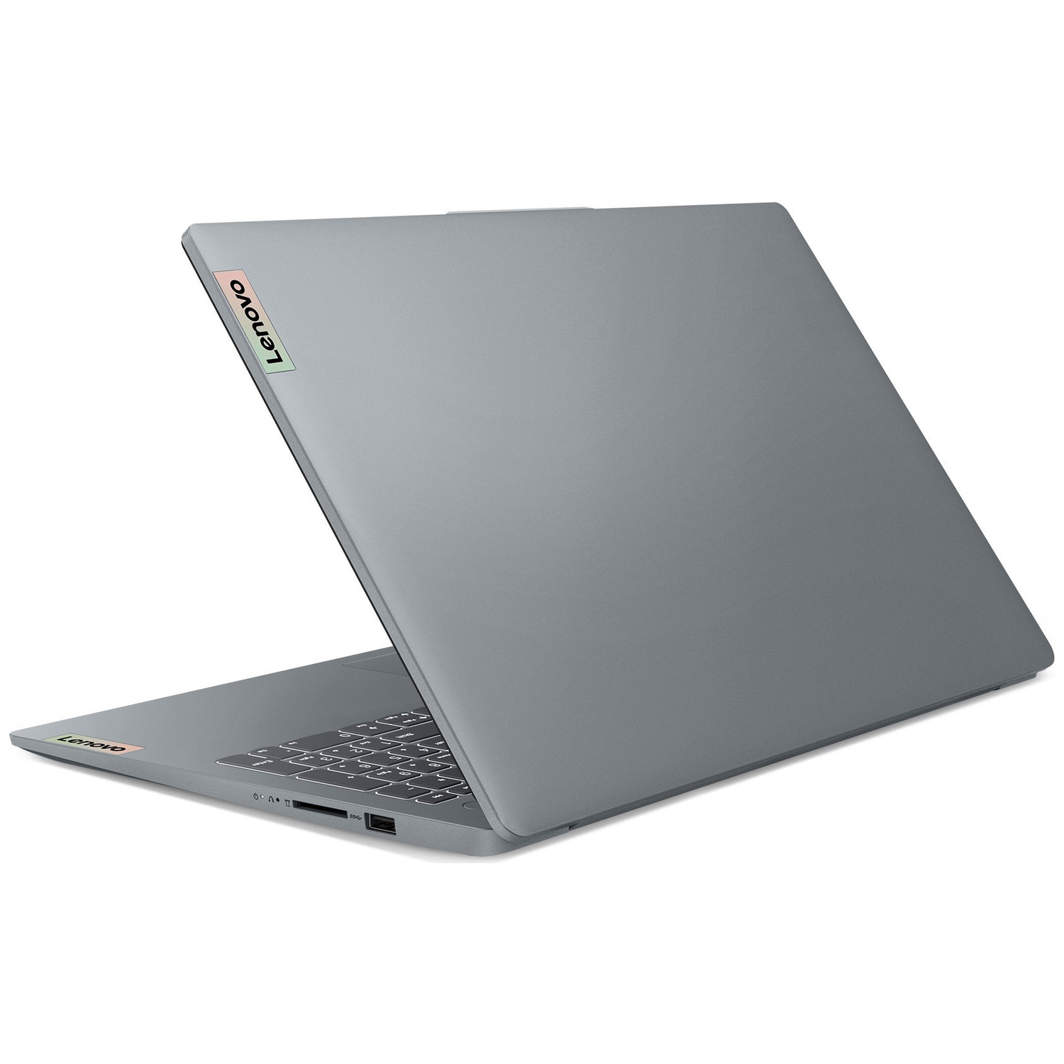 A gray Lenovo laptop is open, showing the keyboard and screen. The Lenovo logo is visible on the lid. The background is white.