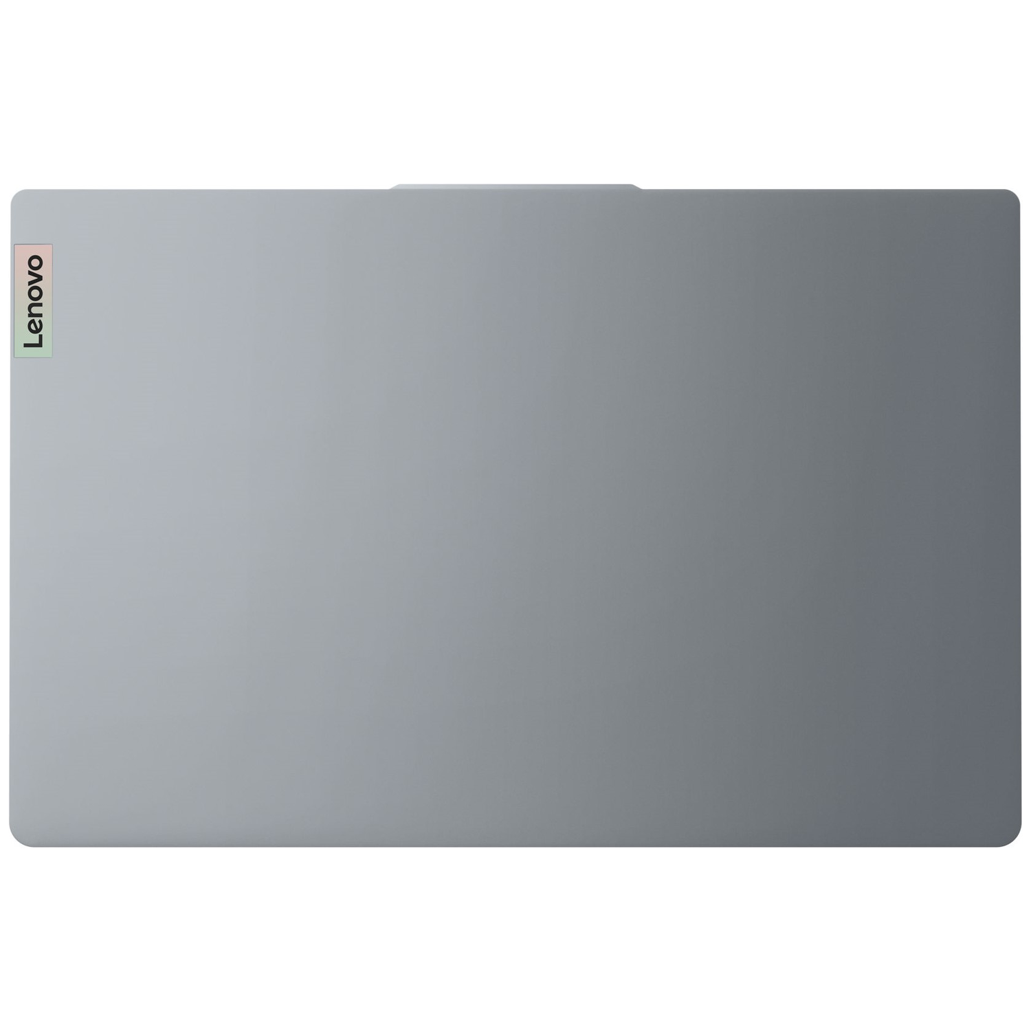 A gray Lenovo laptop, viewed from above. The Lenovo logo is on the left, and there is a small raised area at the top.