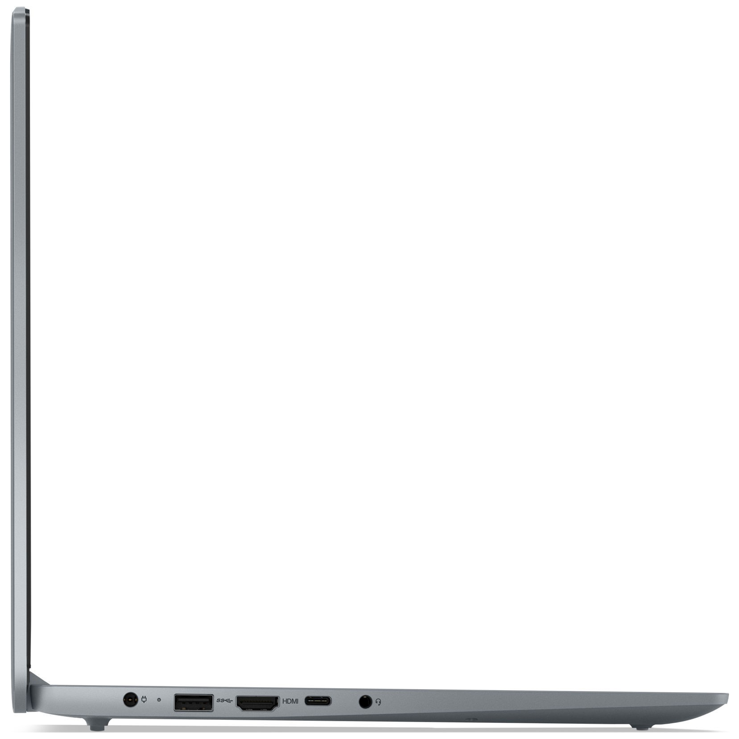 Side view of a gray laptop, showing ports like power, USB, HDMI, and audio. The screen is closed, and the background is white.