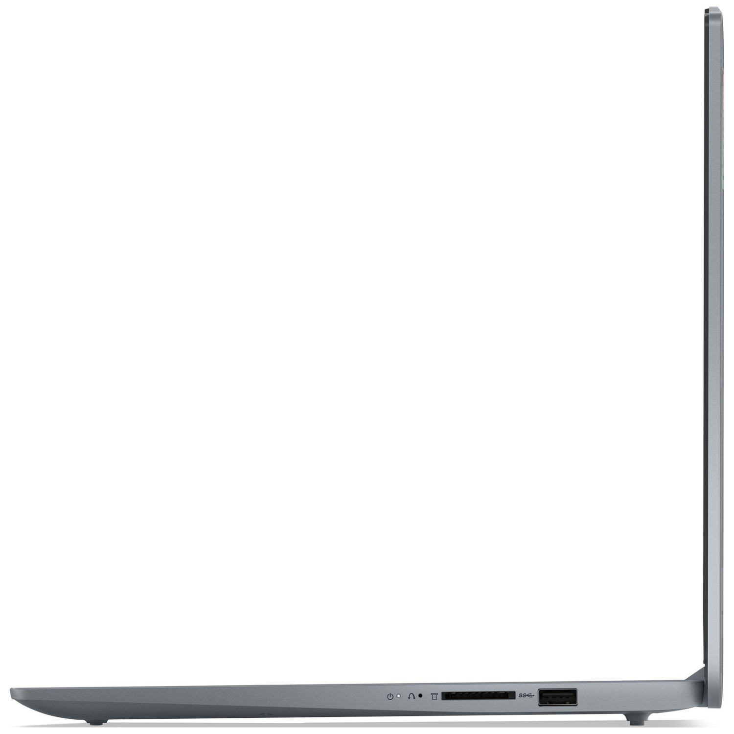 Side view of a gray laptop. The ports are visible. Power, audio, SD card slot, USB ports are on the side.