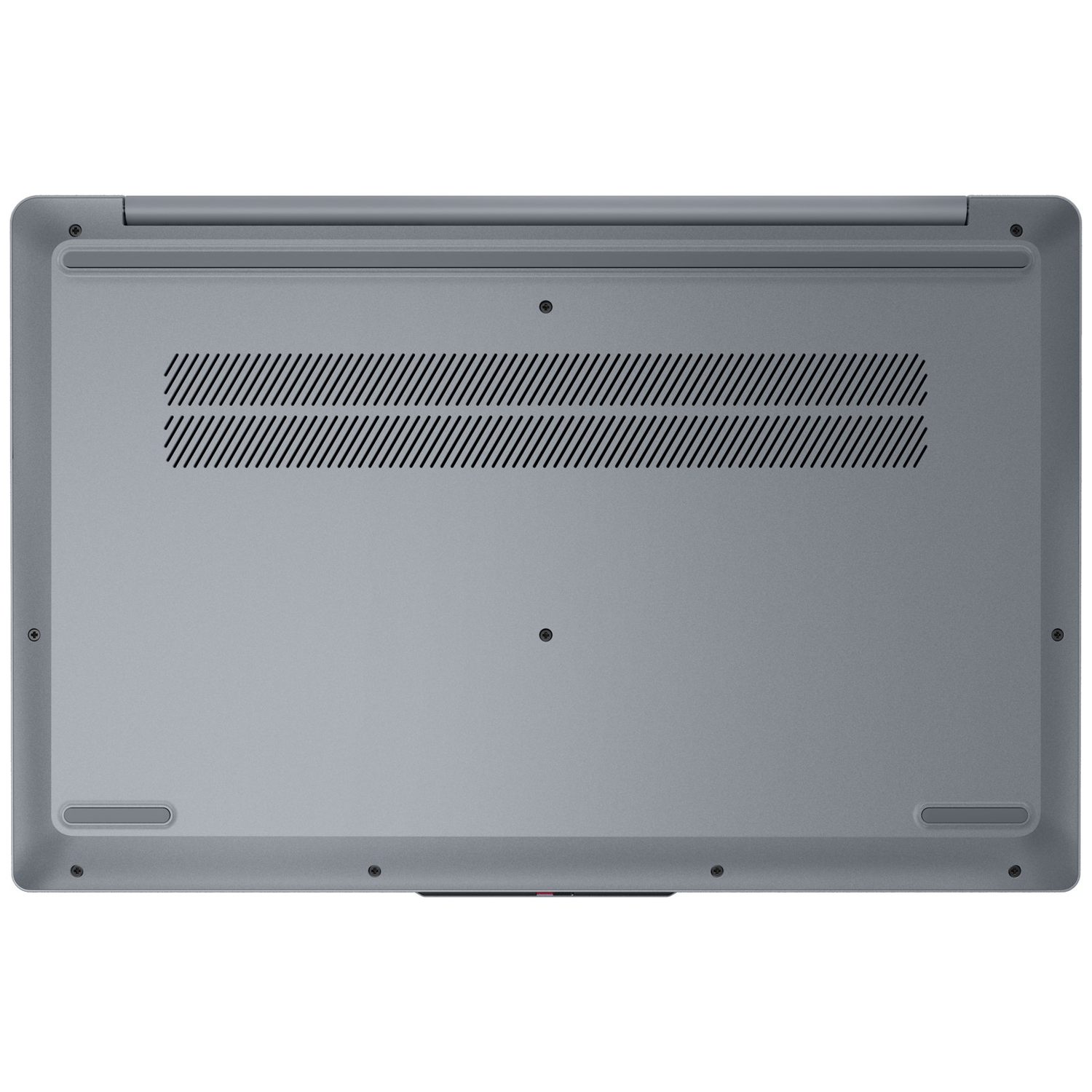 A grey laptop's bottom. It has vents, screws, and rubber feet. The surface is matte with a slight texture.