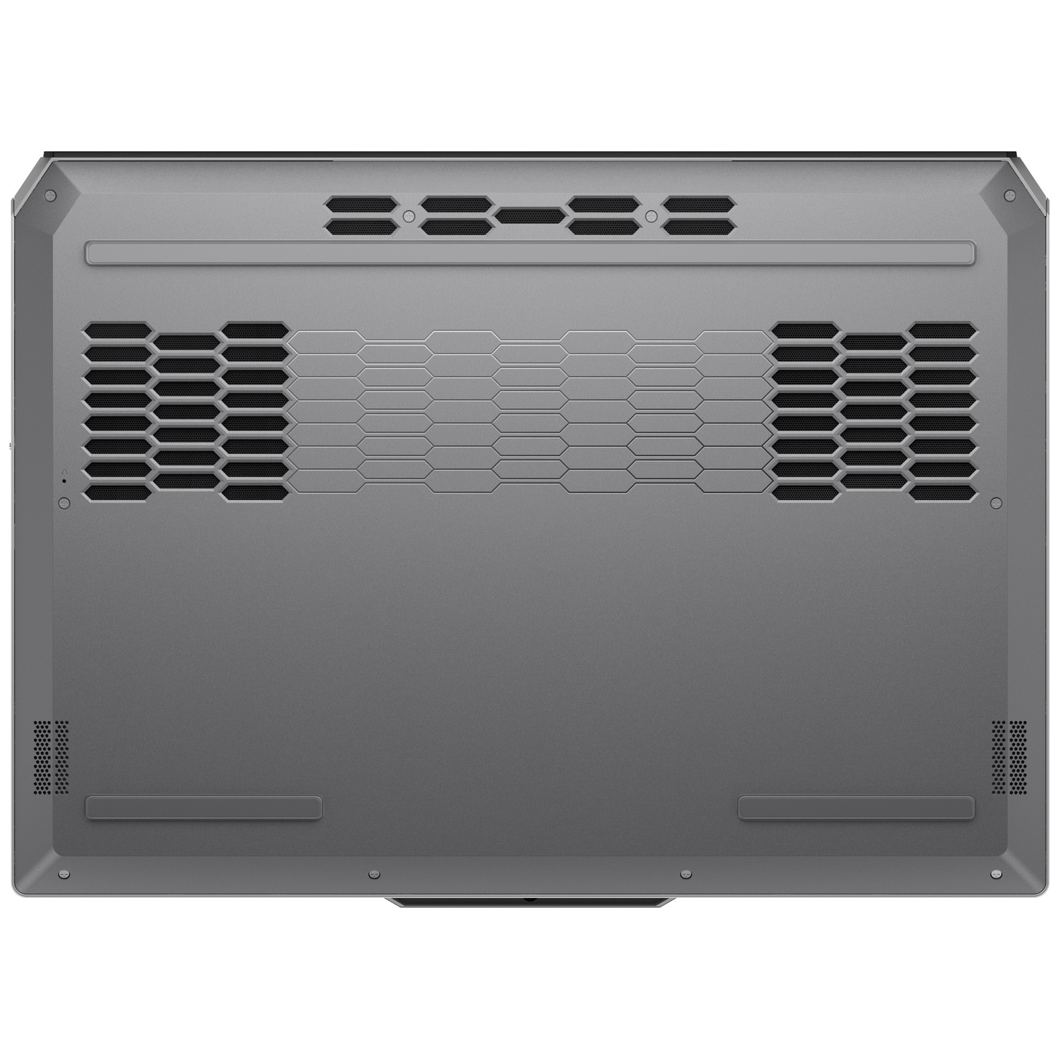 Bottom view of a gray laptop. It has ventilation grids, a honeycomb pattern, and several small round features.