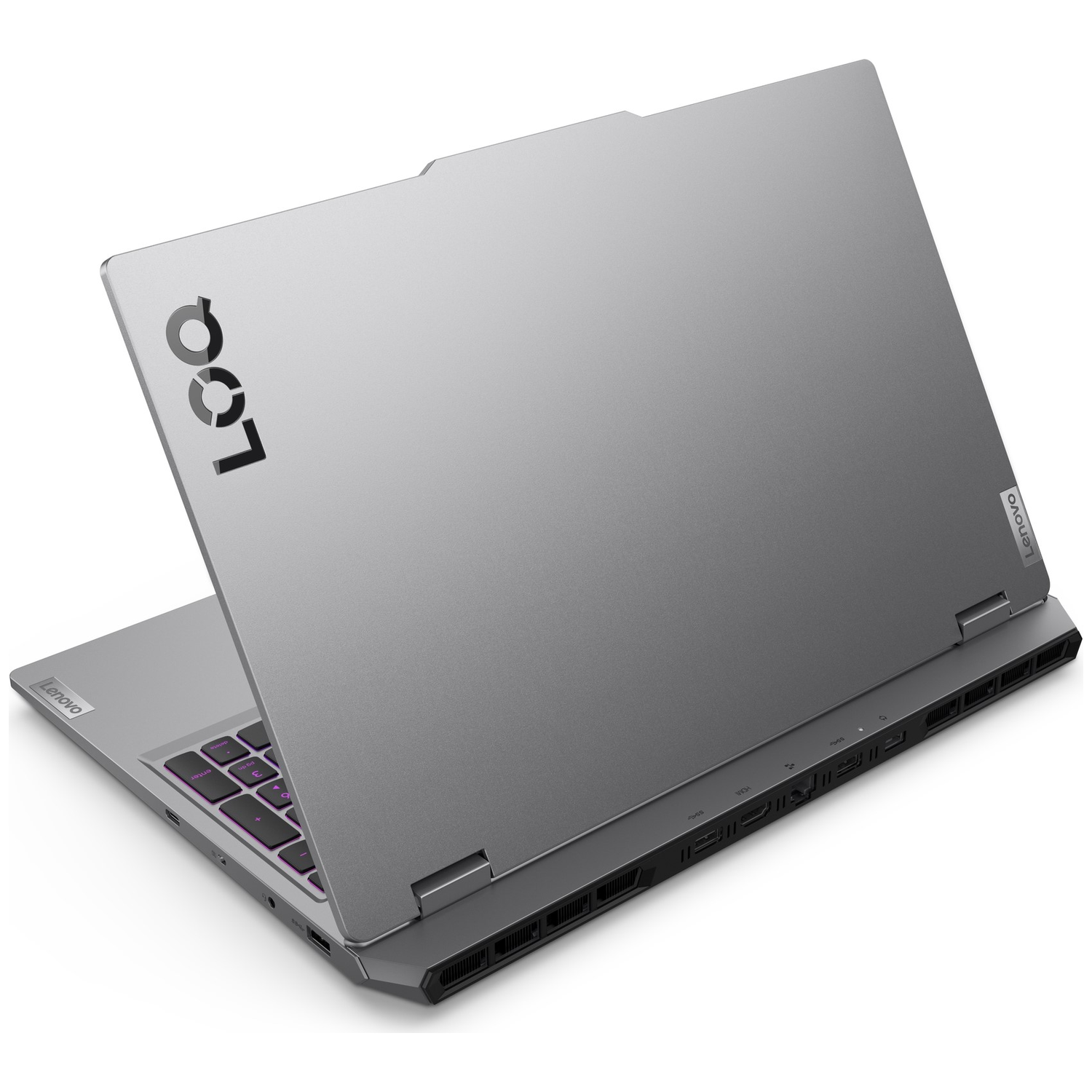 A silver Lenovo laptop is slightly open. The keyboard glows purple. The back features a black 'LOQ' logo and a Lenovo logo.