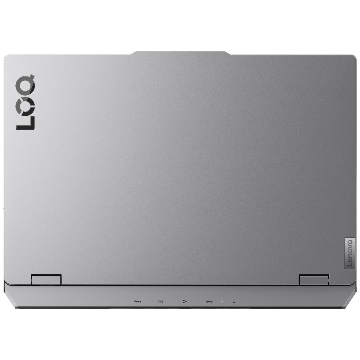 Top view of a silver Lenovo laptop. The Lenovo and LOQ logos are visible. Features HDMI and other ports.