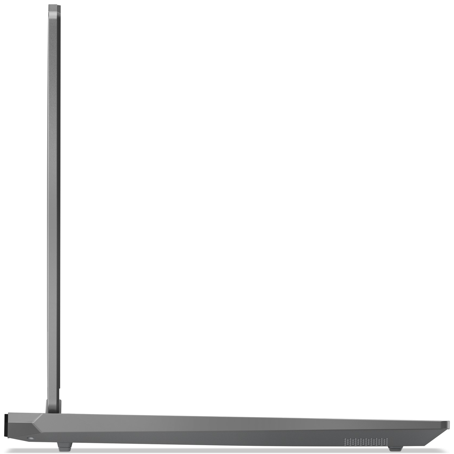 Side view of a gray laptop, open. The screen is upright, the base is horizontal. White background.