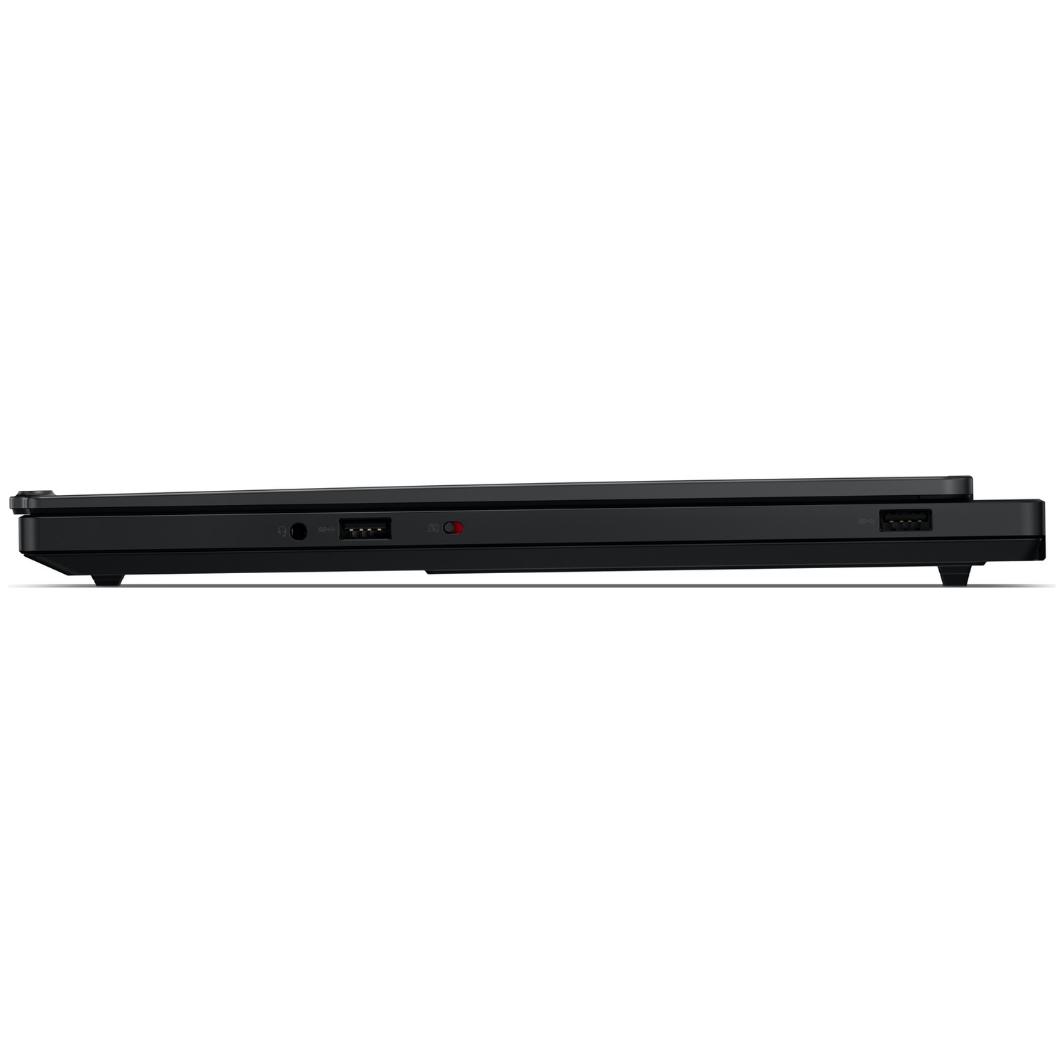 Side view of a black laptop with ports for headphones, USB, and power. A red power indicator is visible.