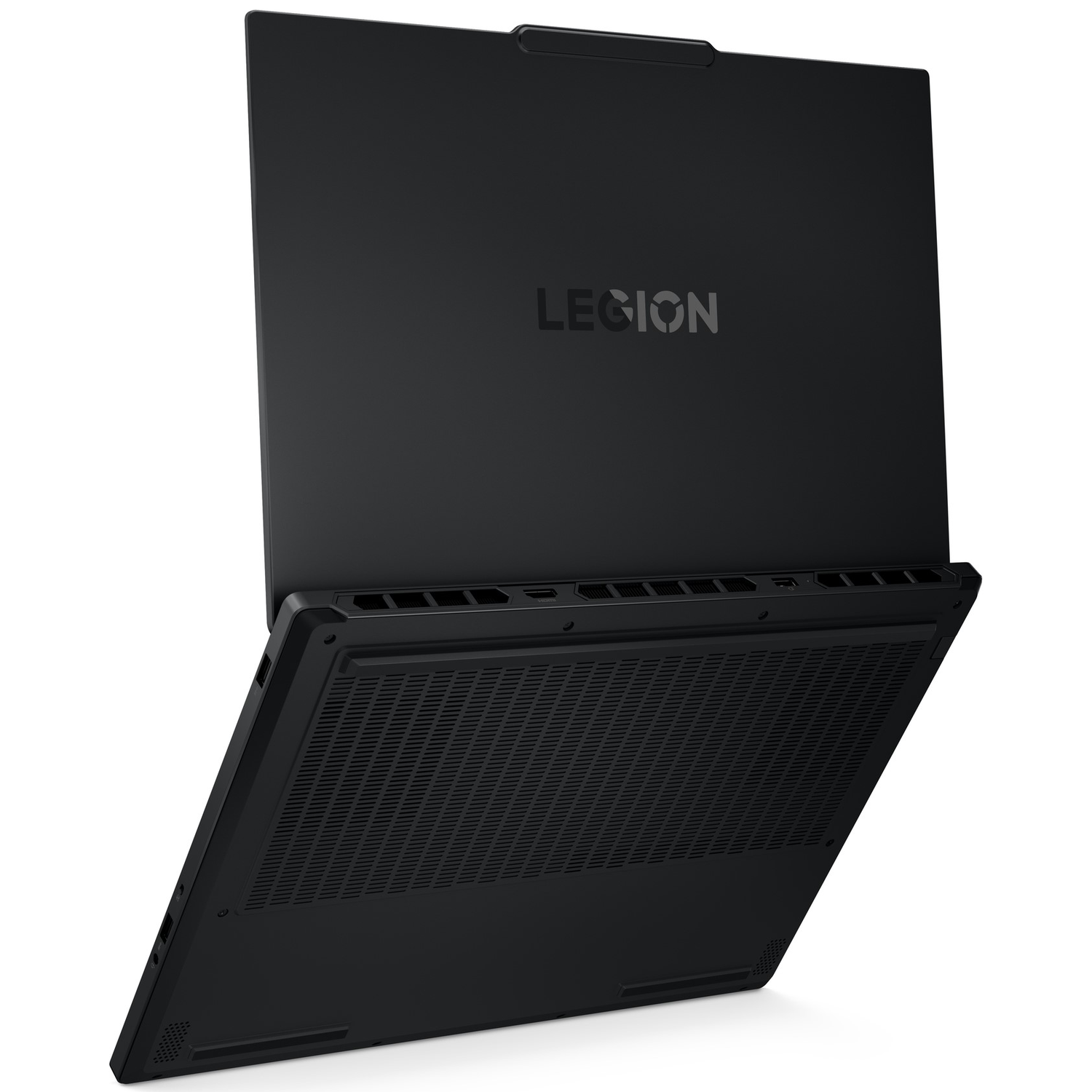 Black Lenovo Legion laptop, slightly open. Legion logo visible on the screen. Bottom has ventilation. White background.