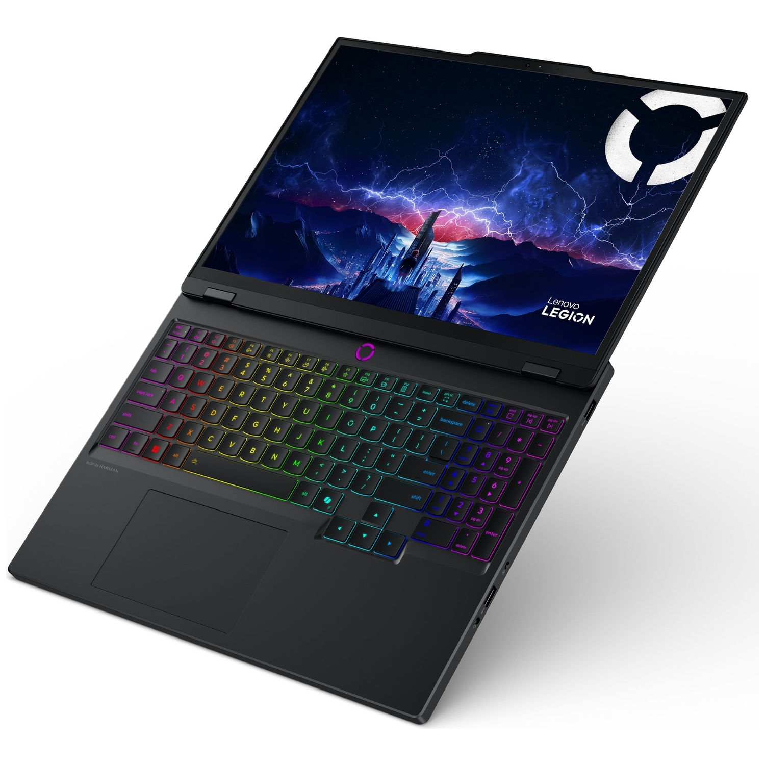 A black Lenovo Legion laptop is open, showing a colorful backlit keyboard and a screen with a storm scene.