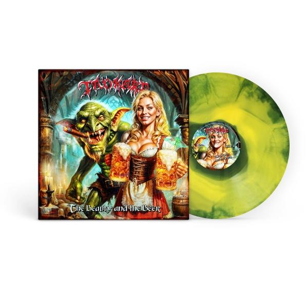 Albumcover: Frau mit Bierkrügen und einem Kobold, sowie eine Schallplatte mit ähnlichem Bild.