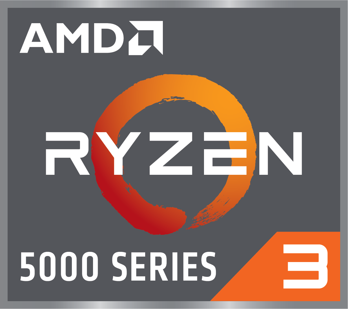 AMD Ryzen 5000 Serie 3 logo. Grijze achtergrond met wit 'AMD' logo, oranje cirkel, 'RYZEN' tekst en oranje '3' in een rechthoek.