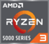 Logo AMD Ryzen Série 5000 3. Fond gris avec logo ´AMD´ blanc, cercle orange, texte ´RYZEN´ et ´3´ orange dans un rectangle.