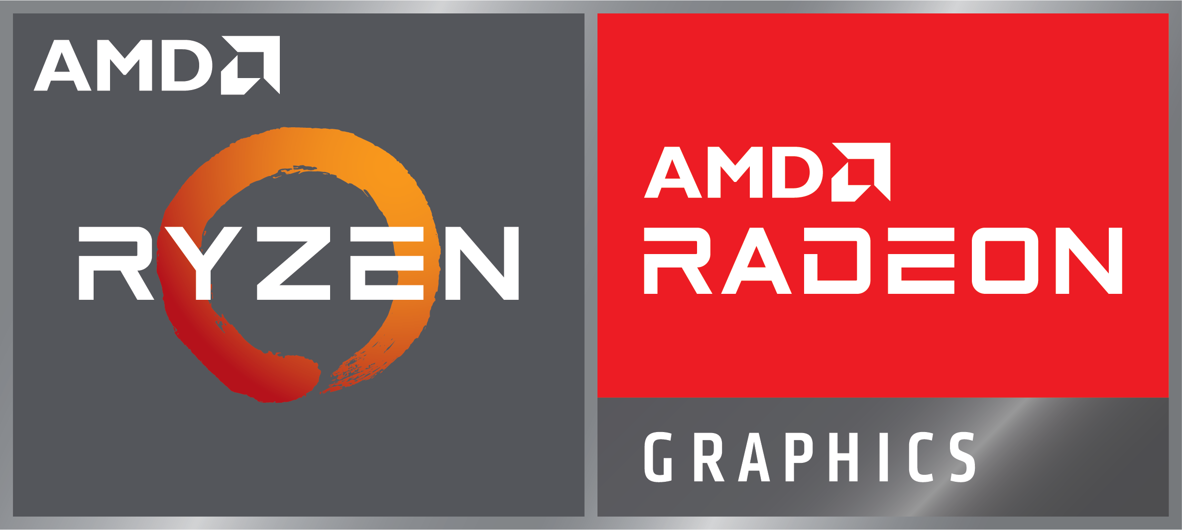 Das Bild zeigt die Logos von AMD und Ryzen links und AMD Radeon Graphics rechts, mit grauem und rotem Farbschema.