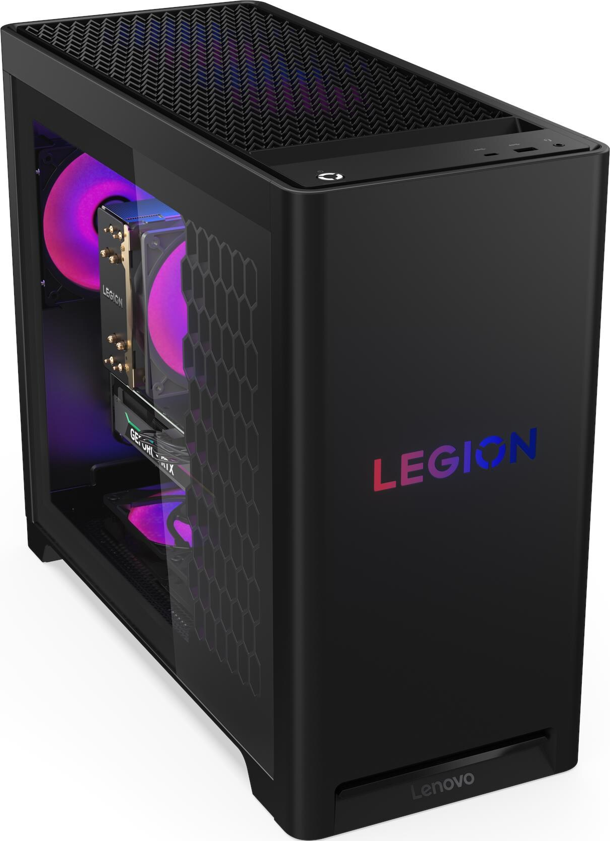 Case PC Legion nero con componenti interni visibili attraverso il vetro. Il logo Legion è sul lato. Logo Lenovo in basso.