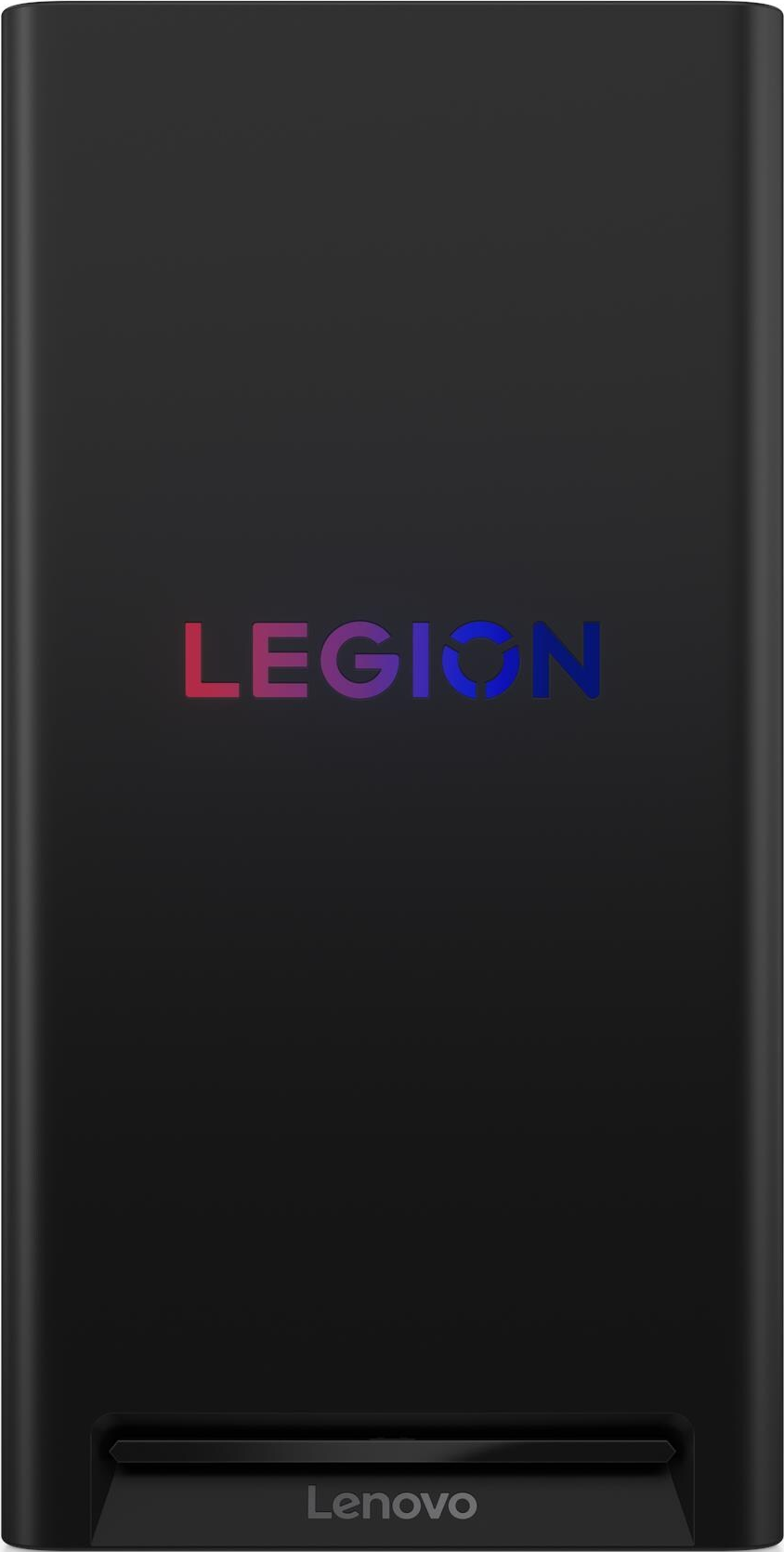 Dispositivo Lenovo Legion nero. La parola LEGION è scritta in gradazioni di colore. Lenovo è scritto in basso.