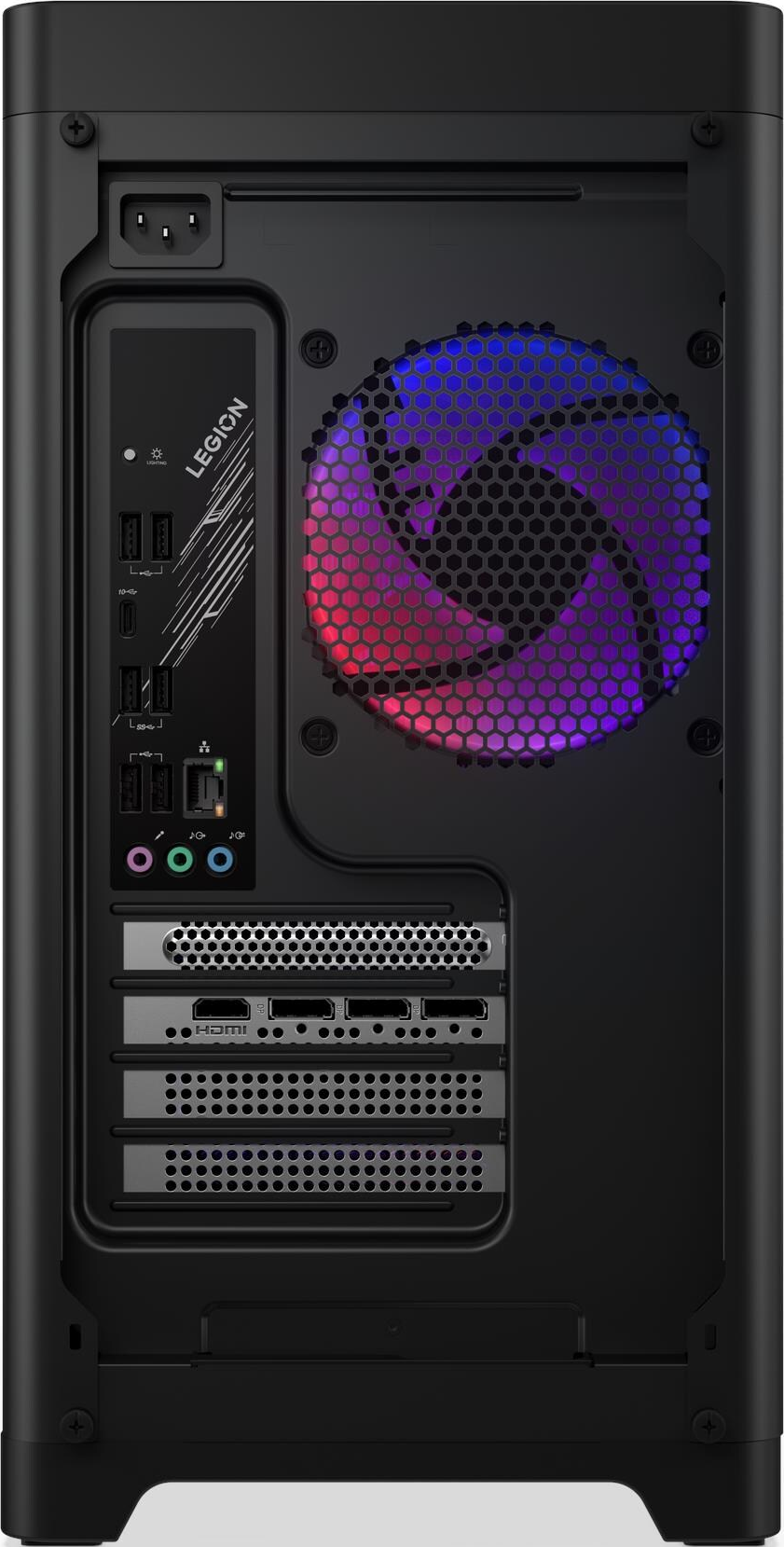 Retro di un case per computer nero. Include porte, logo Legion, ventola colorata e varie fessure di input/output.