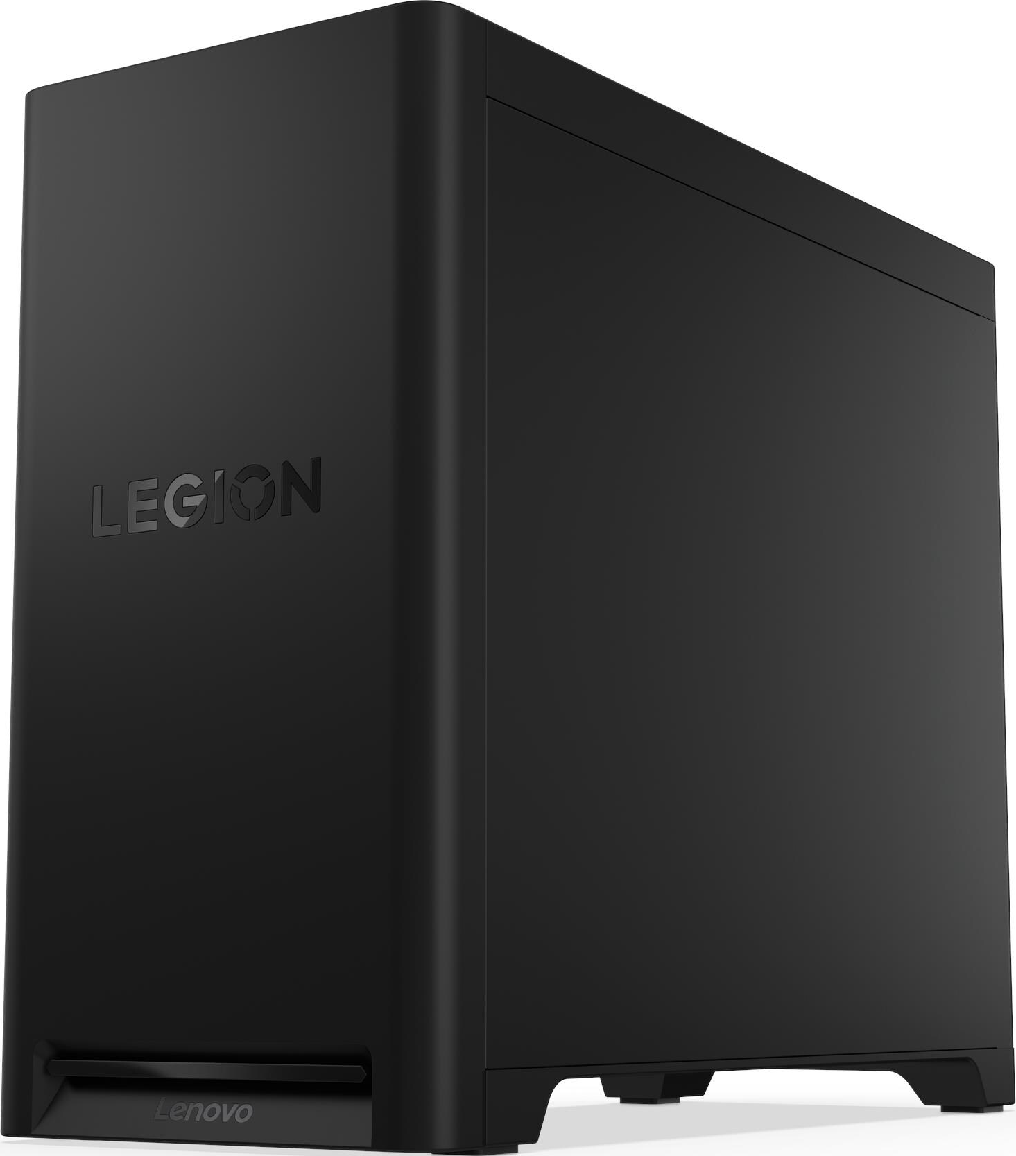 Un computer desktop Lenovo Legion nero. Il logo Legion è visibile. L'alloggiamento ha un design elegante e minimalista. Il logo Lenovo è in basso.