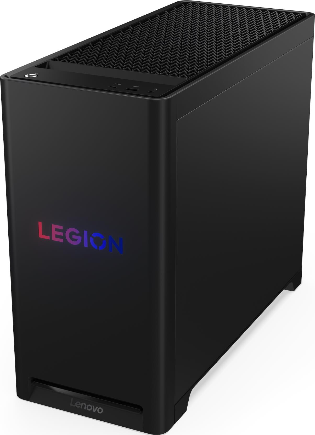 Un computer desktop Lenovo Legion nero. La parola LEGION è sulla parte anteriore. La parte superiore ha un design a rete.
