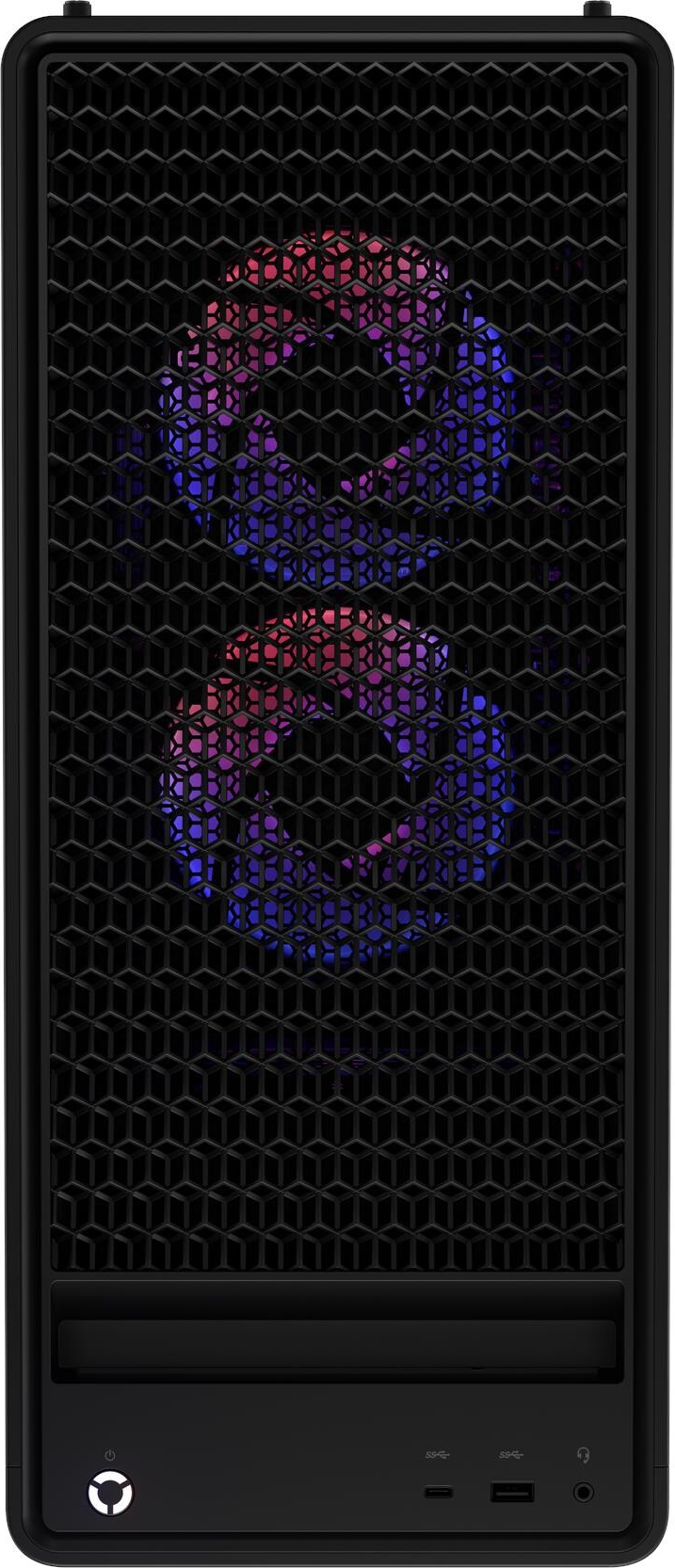 Case per computer nero con griglia frontale a nido d'ape. Due ventole illuminate con luci rosse e blu sono visibili.