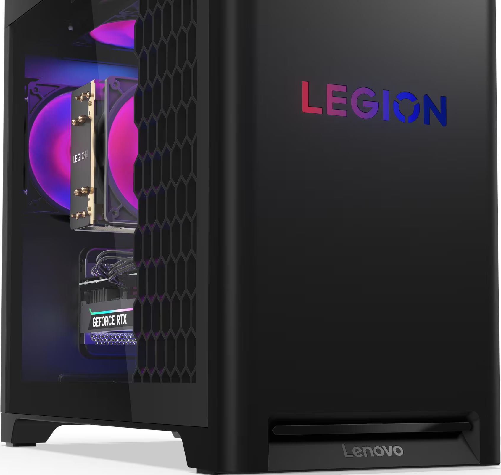 Un case per computer Lenovo Legion nero. Il pannello frontale ha una finestra in vetro temperato. Le luci interne sono viola e blu.