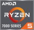 Logo AMD Ryzen 5 Série 7000. Texte blanc sur fond gris. Comprend le logo Ryzen avec un anneau orange. ´5´ orange et blanc en bas à droite.