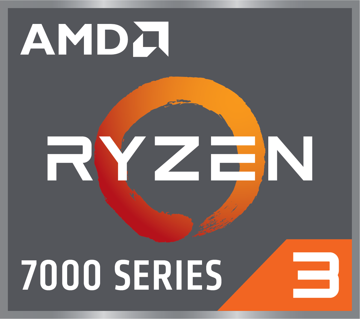 AMD Ryzen 3 Prozessorlogo. Enthält das AMD-Logo, Ryzen, 7000er Serie und einen stilisierten orangenen Ring auf grauem Hintergrund.