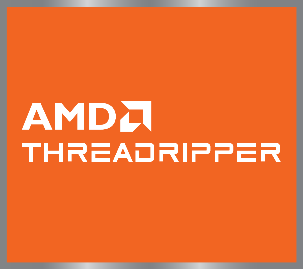 Logo z tekstem AMD THREADRIPPER. Pomarańczowe tło, biały tekst. Srebrna obwódka otacza obraz.