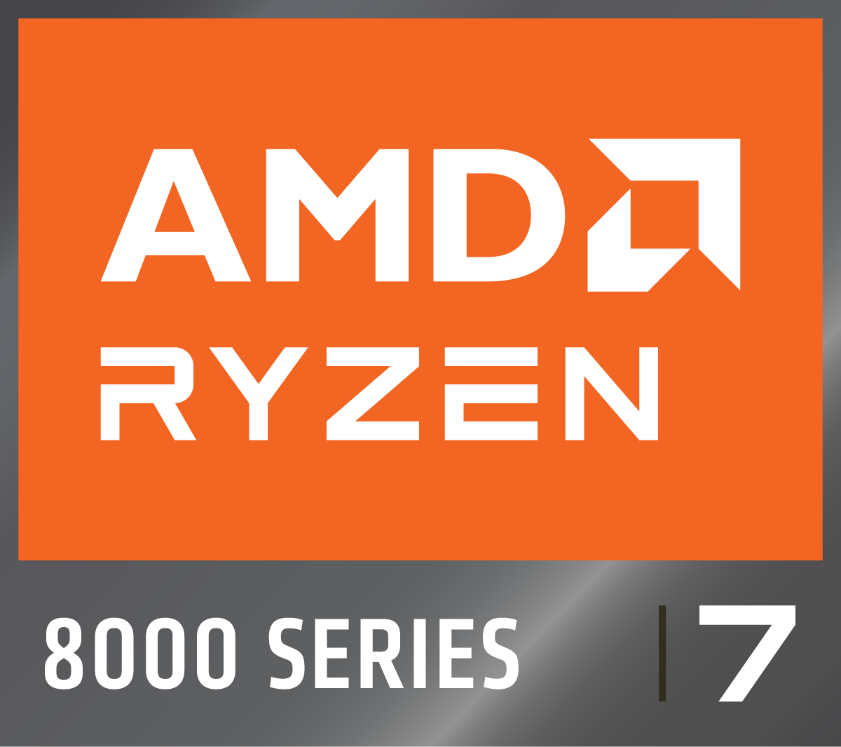 Oranges Quadrat mit weißem Text 'AMD RYZEN'. '8000 SERIES' und '7' stehen darunter. Grauer Farbverlauf im Hintergrund.