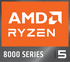 Logo AMD Ryzen sur fond orange. En dessous, ´8000 SERIES´ et le chiffre ´5´.