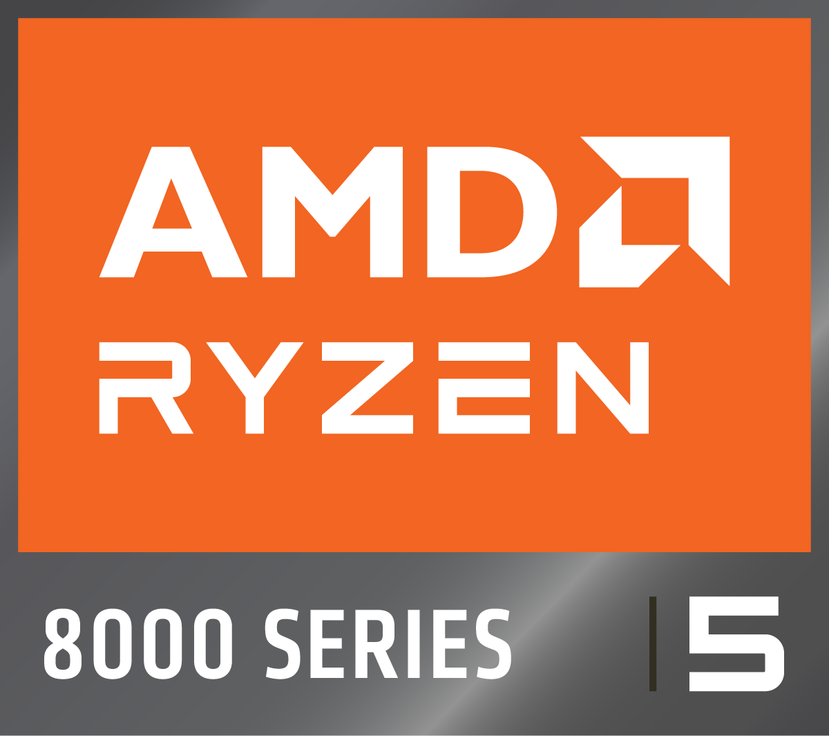 AMD Ryzen-Logo auf orangefarbenem Hintergrund. Darunter '8000 SERIES' und die Zahl '5'.