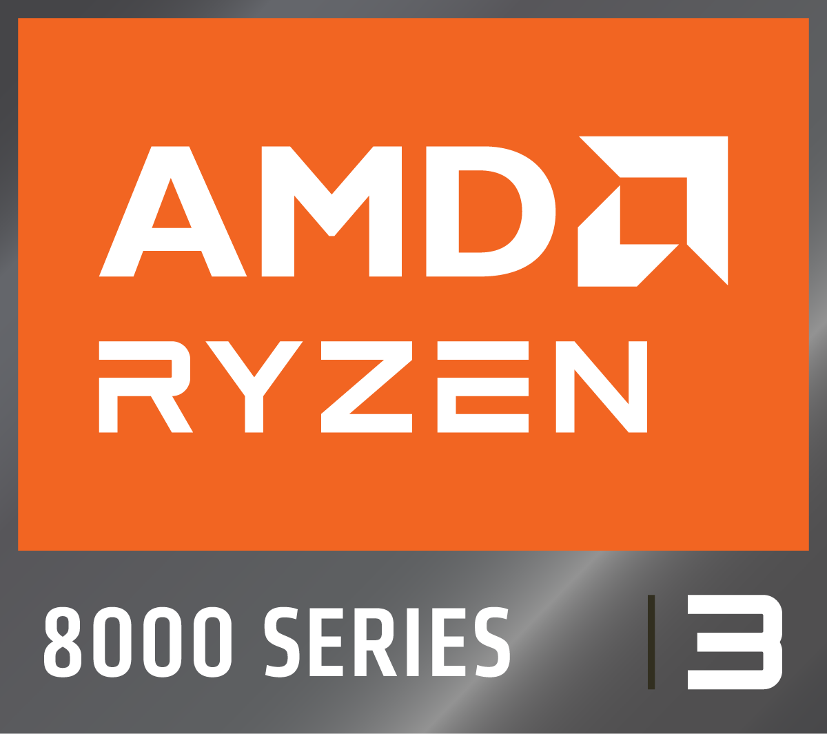Logo AMD Ryzen na pomarańczowym tle. Poniżej '8000 SERIES' i '3'.