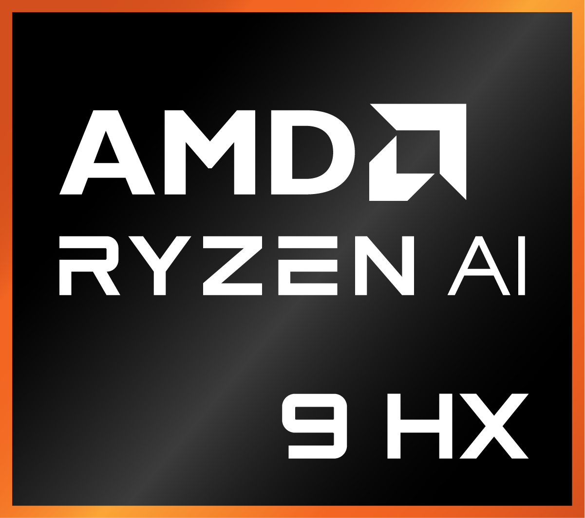 Logotipo de AMD Ryzen AI 9 HX. Texto blanco sobre fondo negro, borde naranja. Incluye el logotipo de AMD, Ryzen AI y 9 HX.