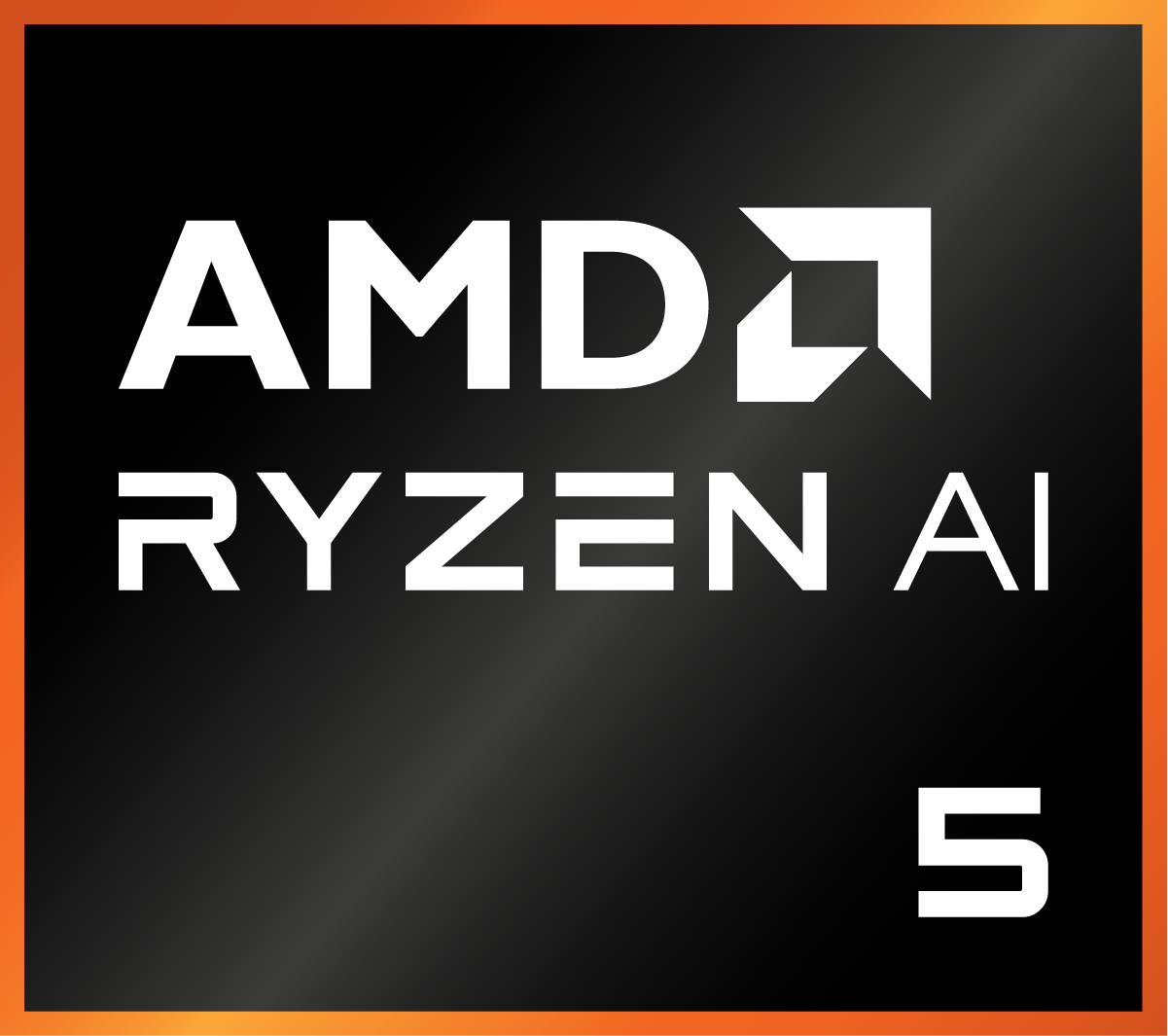 AMD Ryzen AI 5 Logo auf schwarzem Hintergrund mit orangefarbenem Rand. Der Text ist weiß.