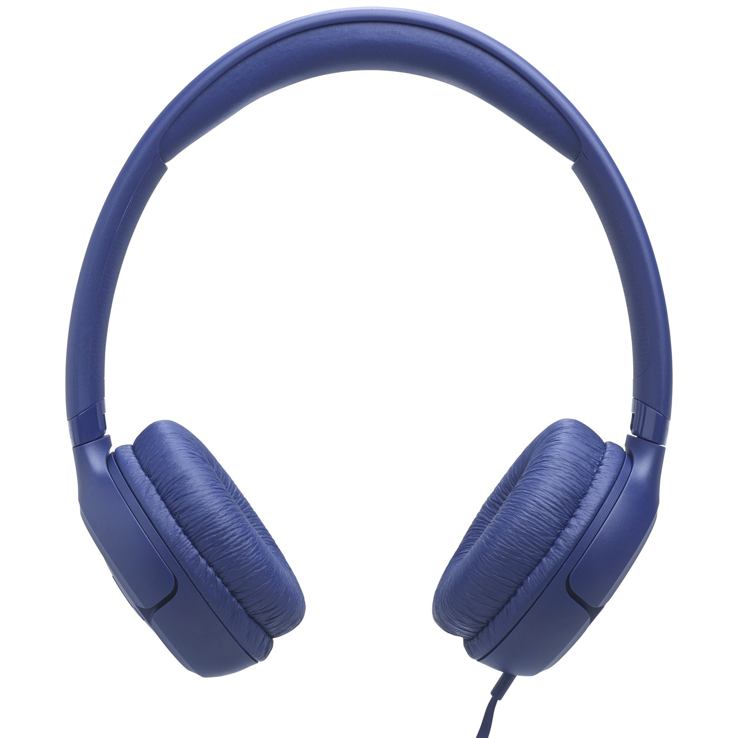 Blauwe over-ear koptelefoon met een gewatteerde hoofdband en oorschelpen op witte achtergrond.