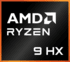 Logo AMD Ryzen 9 HX. Texte blanc sur fond noir avec bordure orange. Le texte comprend ´AMD´, ´RYZEN´, ´9 HX´.