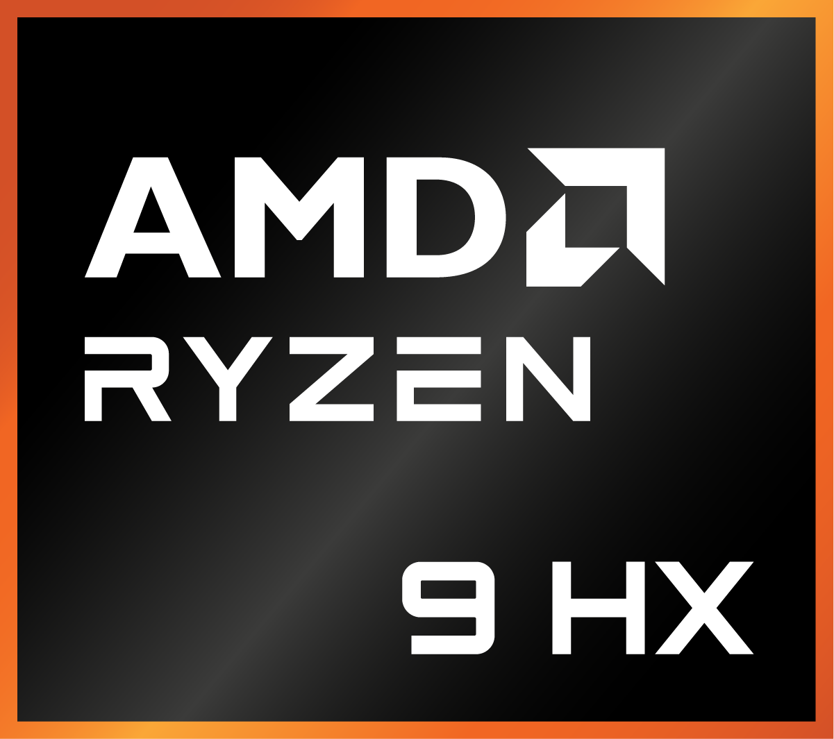 AMD Ryzen 9 HX Logo. Weißer Text auf schwarzem Hintergrund mit orangefarbenem Rand. Text enthält 'AMD', 'RYZEN', '9 HX'.