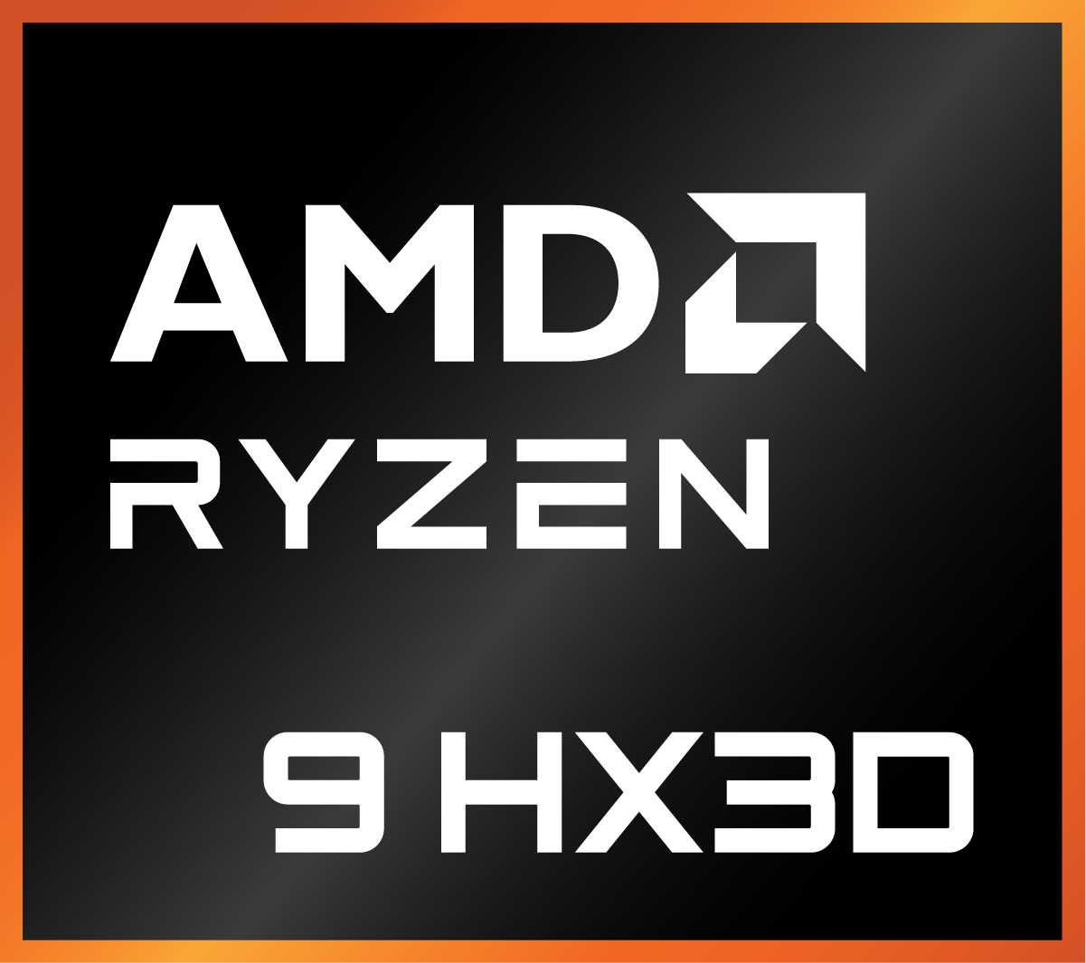 Logotipo de AMD Ryzen 9 HX3D sobre fondo negro. Texto blanco: AMD, Ryzen, 9 HX3D. Borde naranja.