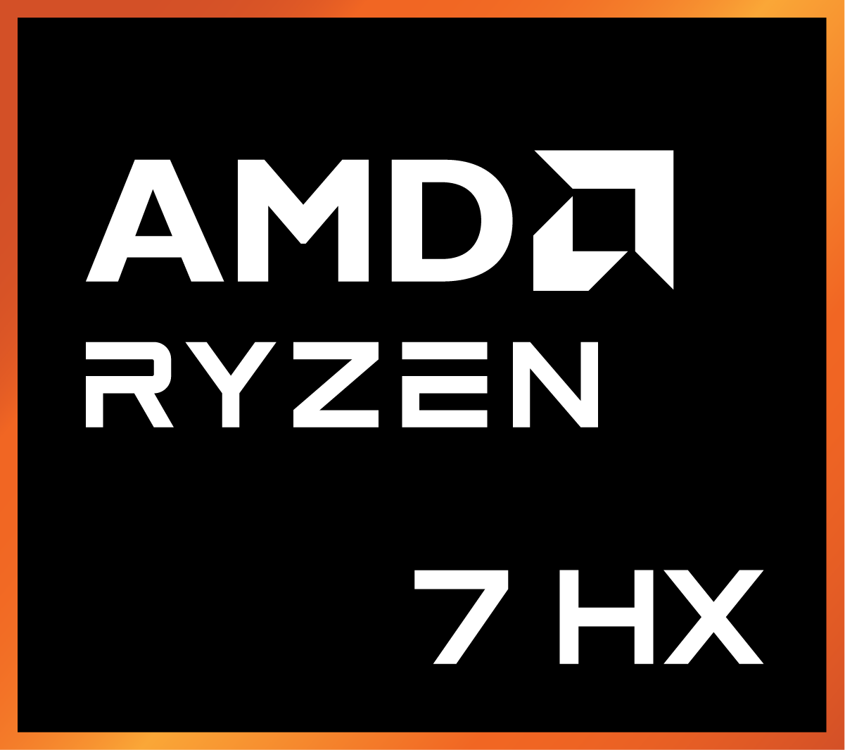 AMD Ryzen 7 HX Logo auf schwarzem Hintergrund mit orangefarbenem Farbverlauf. Weißer Text und Logo.
