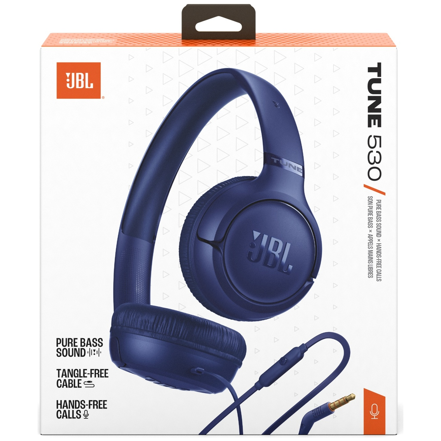 Een blauwe JBL Tune 530 koptelefoon op een witte doos. Kenmerken zijn pure bass sound, klitvrije kabel en handsfree bellen.