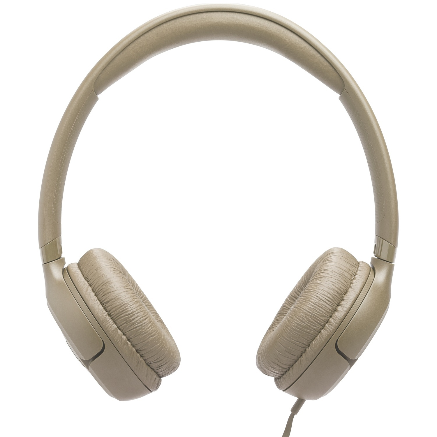 Beige over-ear koptelefoon. De oorschelpen zijn groot en gewatteerd. De hoofdband is gebogen. Een draad loopt van de rechter oorschelp.