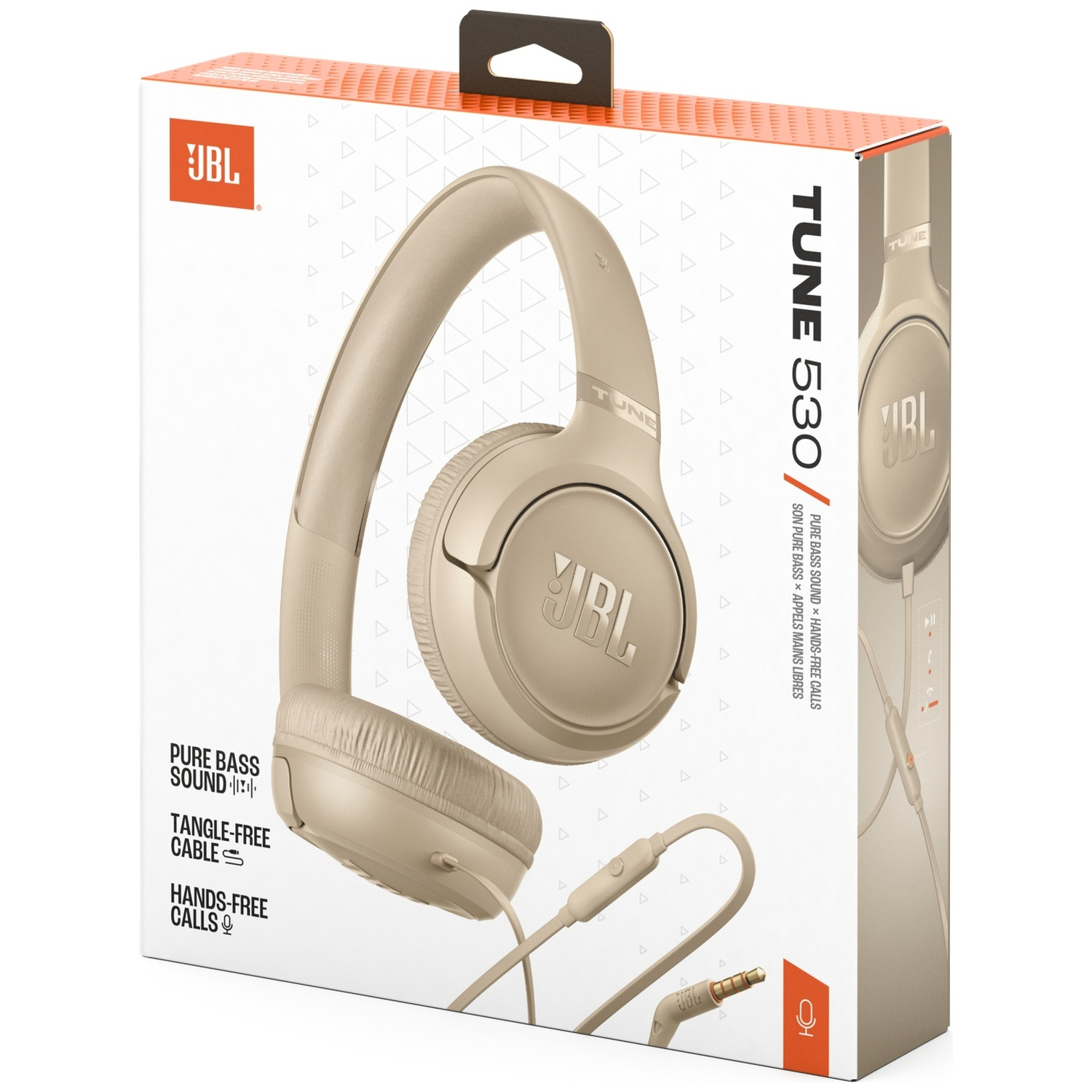 Beige JBL Tune 530 koptelefoon in doos. Kenmerken: pure bass sound, klitvrije kabel en handsfree bellen.