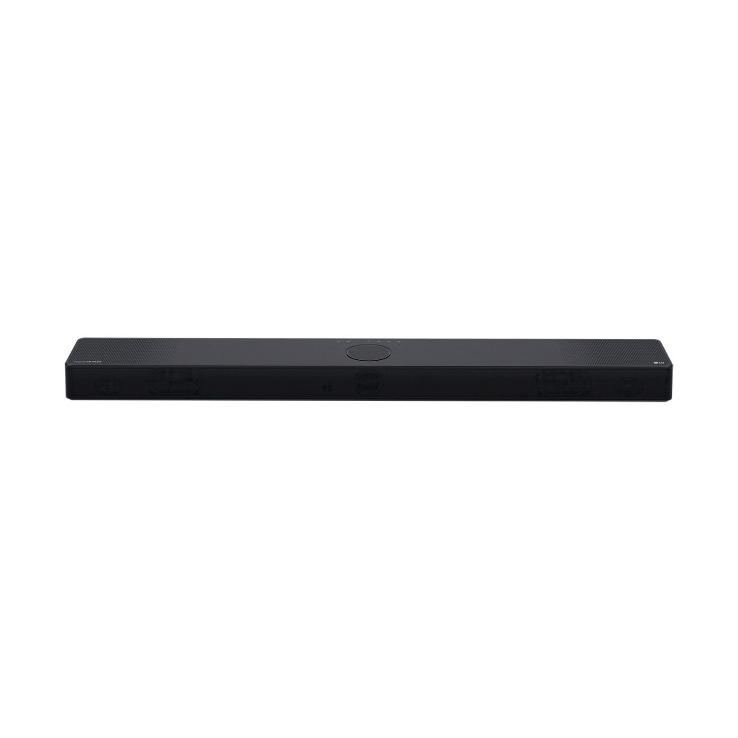 Una soundbar LG nera su sfondo bianco. Ha un controllo cilindrico al centro e diverse griglie per altoparlanti.
