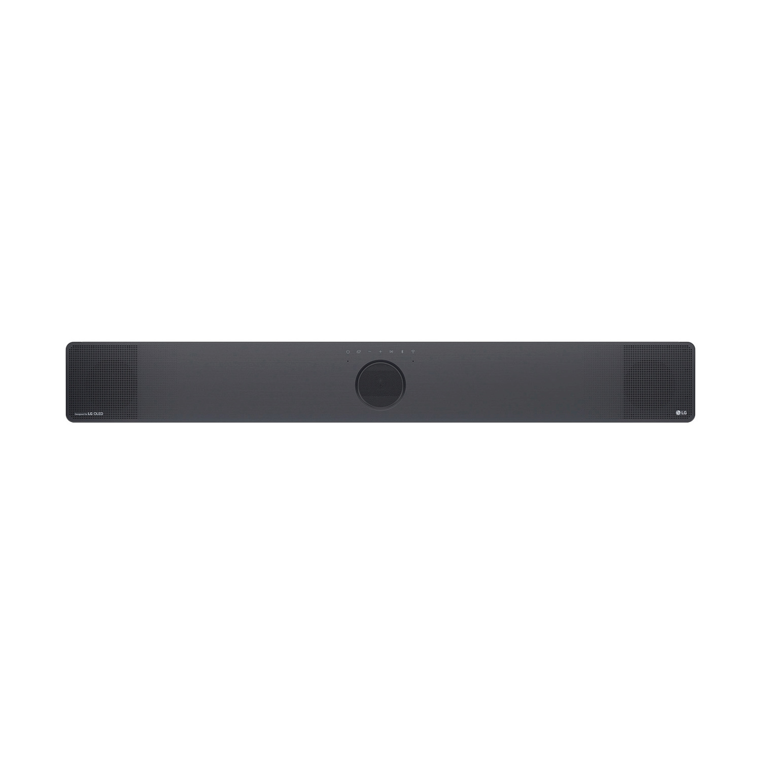 Una soundbar grigio scuro con bordi arrotondati, griglie degli altoparlanti sui lati e pulsanti di controllo al centro.